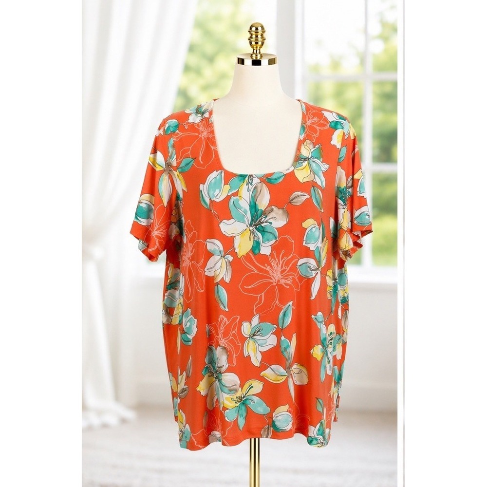 Susan Graver Liquid Knit Orange Floral Printed‎ Square Neck Top Sz Large A379117